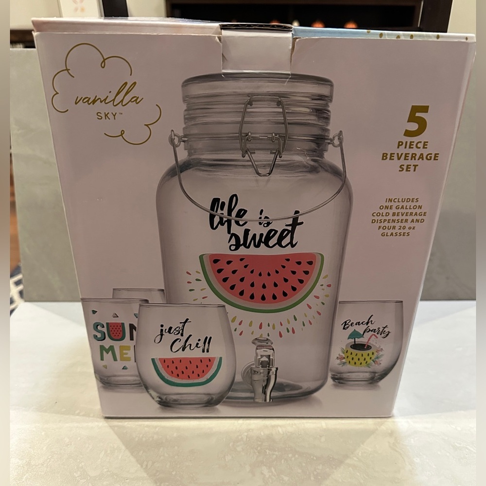 Vanilla Sky Home Essentials 5 Pc. Beverage Set (1 Gal Dispenser + 4 20 Oz Glass)